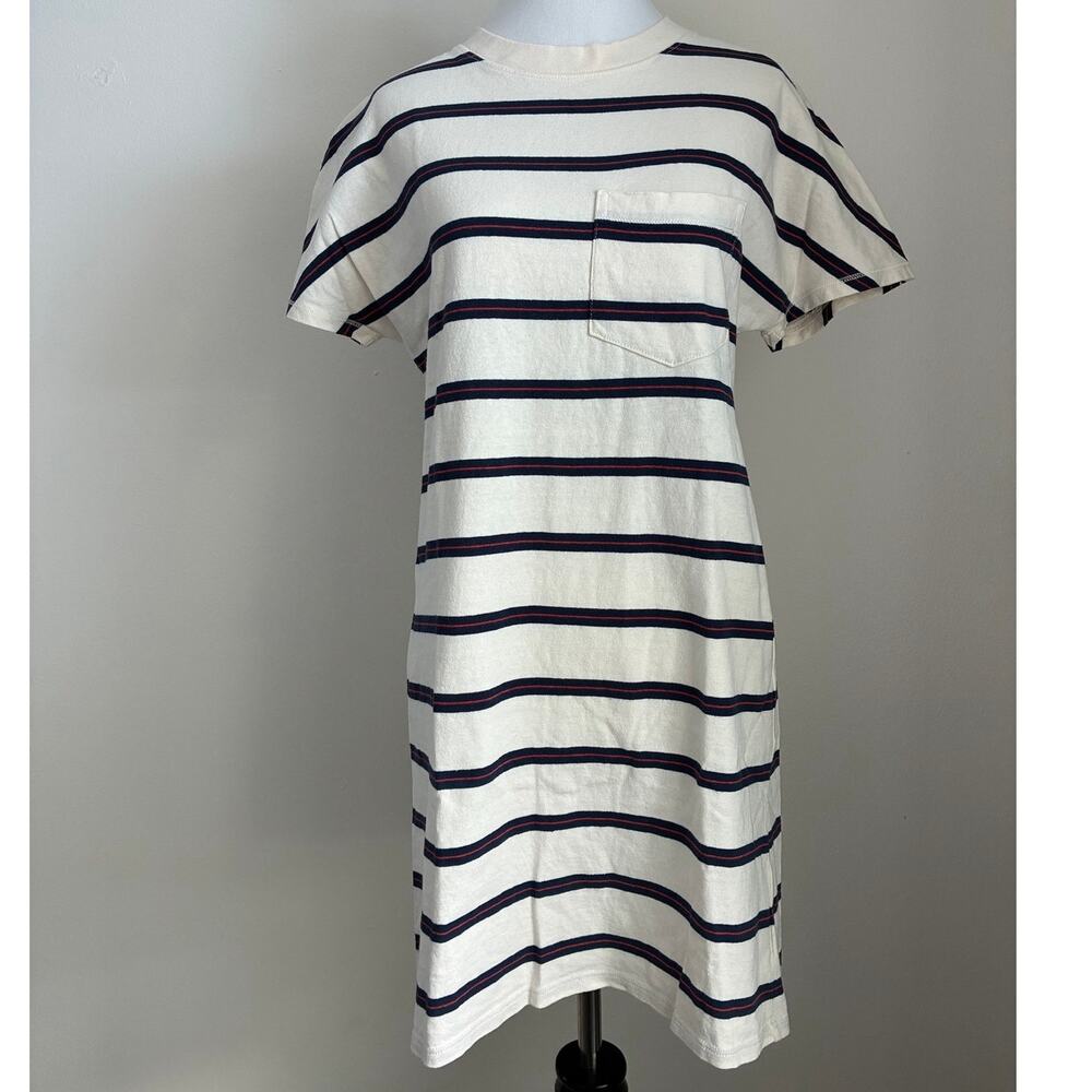 Madewell Pocket Tee Dress Womens XS Cream Navy Red Stripe Cotton Shif